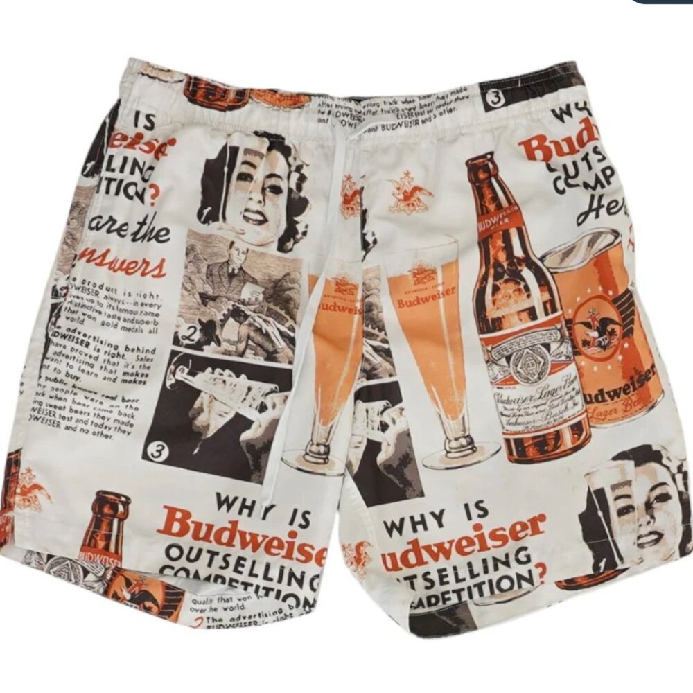 Budweiser x Pacsun Swim Trunks All Over Vintage Print Lined Bathing Mens Medium